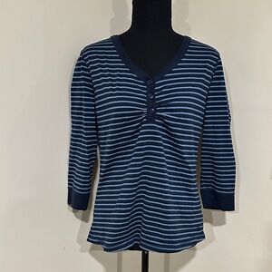 *CUTTER & BUCK* Navy x Lt. Blue Striped V-Neck 3/4 Sleeve Henley Top Size Large